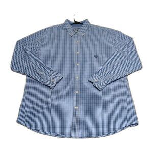 Chaps Mens XL Shirt Stretch Easy Care Blue Checkered Button Down Preppy Dad Tee